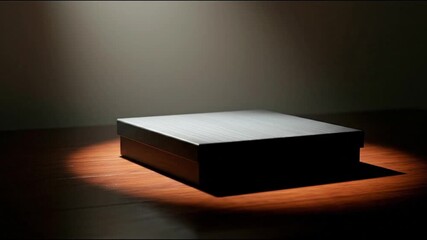 A mysterious black box sits on a wooden table, dramatically illuminated by a single spotlight.