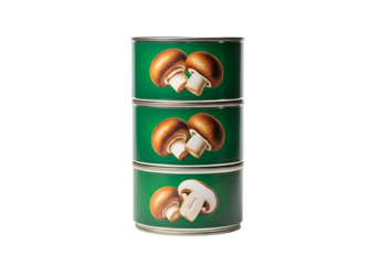Three stacked metal food cans, featuring illustrations of brown mushrooms on a bright green background, create a simple yet visually appealing still life composition against a black backdrop.
