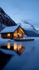 Fototapeta premium Modern cabin with panoramic glass walls and warm glowing lights, surrounded by snow,overlooking a tranquil lake and snowy mountain