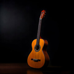Naklejka premium an elegant wooden guitar illuminated by studio spotlight, creating a dramatic and artistic musical scene.