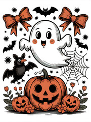 Kawaii Halloween Ghost Clipart Bundle. Cute Spooky Ghost Stickers. Pumpkin, Bubble Tea, Cozy Blanket