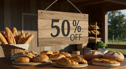 Artisan Bakery Stall Offering 50% OFF Freshly Baked Breads and Pastries Under Warm, Inviting Sunlight.