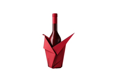Red wine bottle in origami crane holder