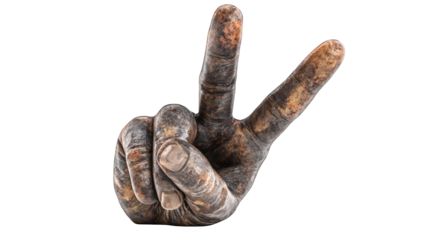 A weathered hand making a peace sign