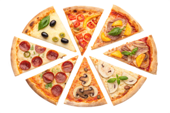 Delicious Pizza Varieties A Culinary Delight of Eight Slices Isolated On Transparent Background