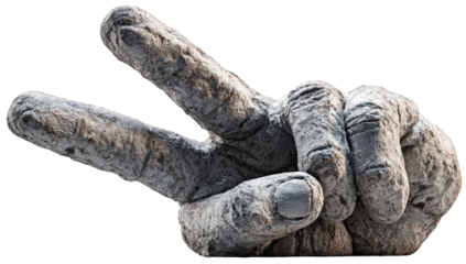 A sculpted hand making a peace sign, textured like stone