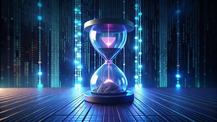 Hourglass filled with digital binary code instead of sand