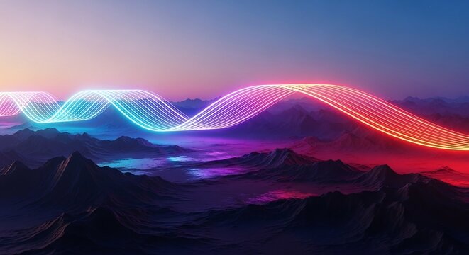 Abstract glowing neon wave flowing over a futuristic landscape at sunset