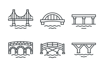 Various bridge icons with minimalist design over water