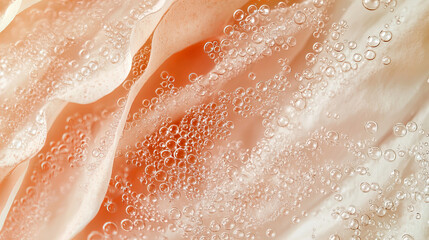 Fototapeta premium Delicate Peach Rose Petals with Transparent Air Bubbles Frozen in Ice Creating an Elegant Floral Abstract Macro Background