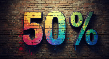 Colorful 50% graffiti text and percentage sign on a dark brick wall, depicting urban discount.