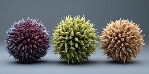 Three spiky spheres in purple green and tan