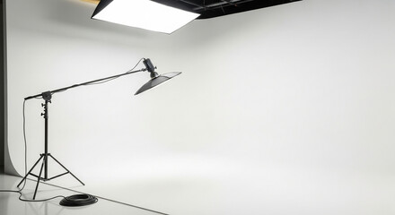 Empty white photo studio with boom mic and lighting gear