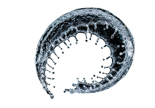 A circular, dynamic water splash against a stark black backdrop displays intricate details of water droplets and jets, creating a mesmerizing visual effect.