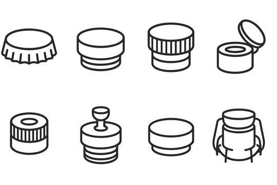 Vector line icons of various bottle caps and lids
