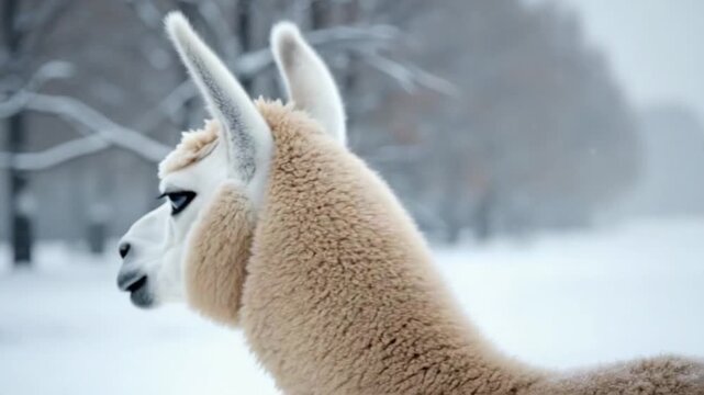 Llama in snow gazing at camera