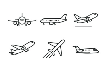 Set of minimalist airplane icons: vector line art illustrations of aircraft