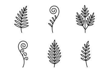 Collection of six linear botanical leaf designs in black and white