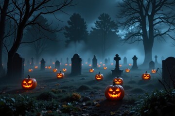 a fog covered graveyard with carved pumpkins, mist curling over tombstones, shadows stretching across the scene, cinematic halloween night scene with eerie, realistic lighting and suspenseful