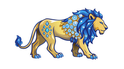 Golden lion with blue mane vector illustration for graphic design and tattoo art design concept idea