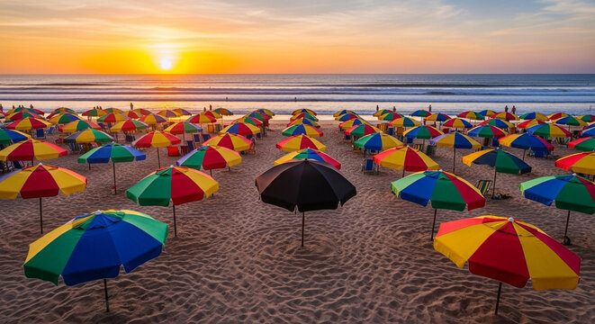 Row of colorful umbrellas and one black umbrella on a beach at sunset