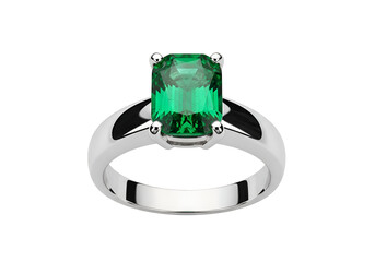 A radiant emerald-cut gemstone is set beautifully in a polished white metal ring against a black background.