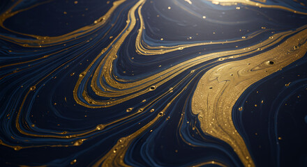 Elegant Gold and Deep Blue Fluid Art Abstract Background with Metallic Swirls and Sparkling Glimmer