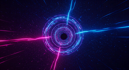 Dynamic Neon Light Tunnel Hyperspace Journey: Futuristic Abstract Wormhole Portal with Glowing Blue and Pink Energy