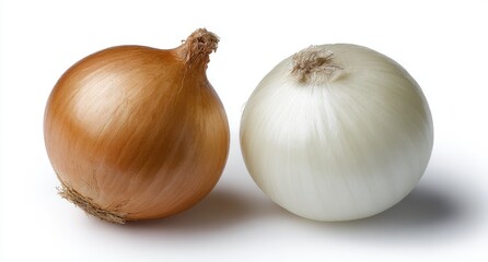 Two whole onions, one light brown, one white, against a plain white background