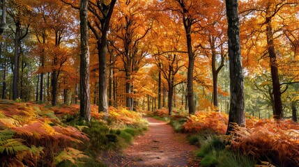 Golden Pathway Through Autumnal Forest A Symphony of Orange and Brown Leaves Creating a Picturesque Woodland Scene