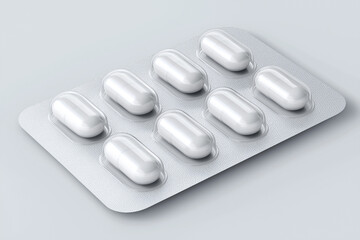 Packaging of white tablets on a white background.