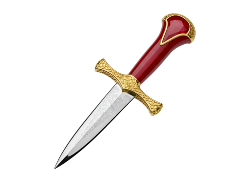 Ornate dagger with a gleaming, gold-accented, red handle, presented against a stark black background.