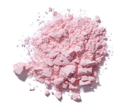 Crushed, pale pink powder, unevenly distributed
