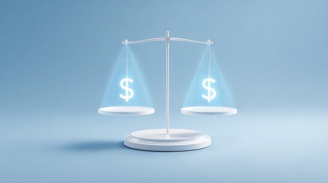 Financial Budget Planning and Advisory Services, Balance scale with dollar signs, symbolizing financial equity and justice.