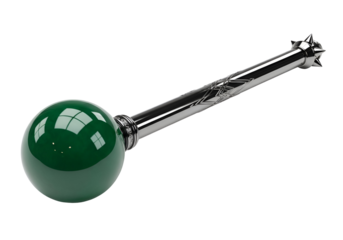 Polished chrome rod with a vibrant emerald green sphere end and decorative accents.