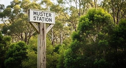 Muster Station Sign in a Forest Setting.