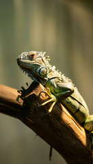 Fototapeta premium A green iguana with scaly skin and a spiky crest rests on a wooden branch in the sunlight.