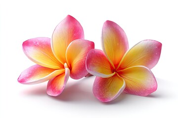 Fototapeta premium Two plumeria flowers, vibrant pink and yellow, isolated on white