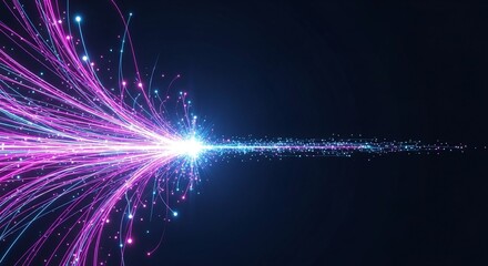 Abstract explosion of glowing purple and blue light trails in dark space