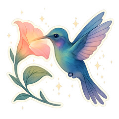 Obraz premium A transparent sticker-style illustration of a hummingbird sipping nectar from a glowing flower, with iridescent wings and sparkles.