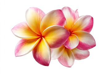 Fototapeta premium Two plumeria blossoms, vibrant shades of pink and yellow, in a close-up, isolated shot against white