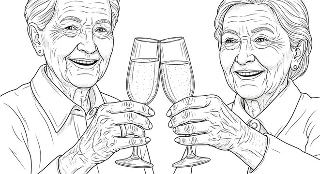 elderly friends toasting with champagne