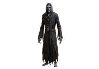 A male figure in a dark, tattered robe stands against a black background, displaying a somber and mysterious mood.