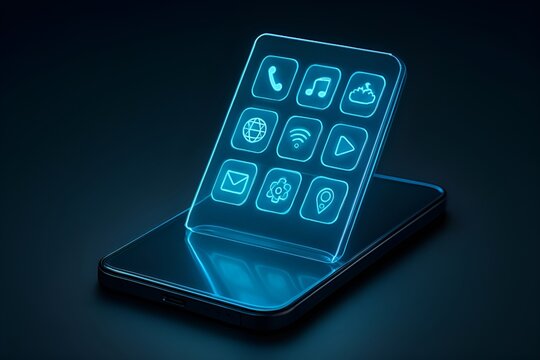 Futuristic smartphone with transparent screen displaying glowing holographic apps in cinematic tech lighting