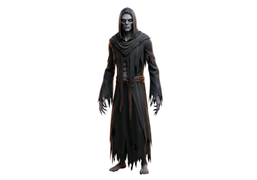 A male figure in a dark, tattered robe stands against a black background, displaying a somber and mysterious mood.