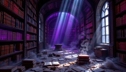 Obraz premium abandoned library with purple glowing books, dust floating in the light, shadows forming shapes of ghosts reaching for forgotten tomes