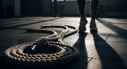 Battle ropes lying on gym floor in sunlight with athlete standing in training shoes symbolizing endurance strength conditioning workout power motivation and determination in functional fitness 