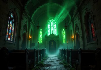Fototapeta premium creepy old church with green light streaming from stained glass, shadows of spirits flickering across cracked pews, mist rolling through the graveyard