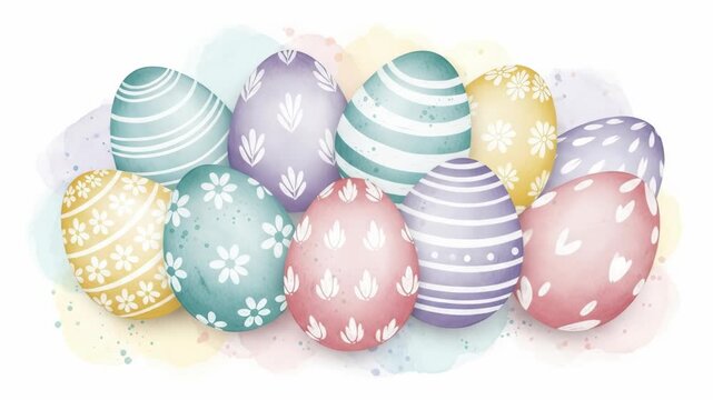 A watercolor illustration showcases various pastel-colored Easter eggs, each decorated with floral or striped patterns, against a soft, blended background