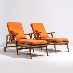 Fototapeta premium Two orange-cushioned sun loungers, wood frame, studio shot